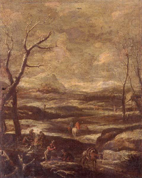 A winter landscape with woodcutters and travellers, unknow artist
